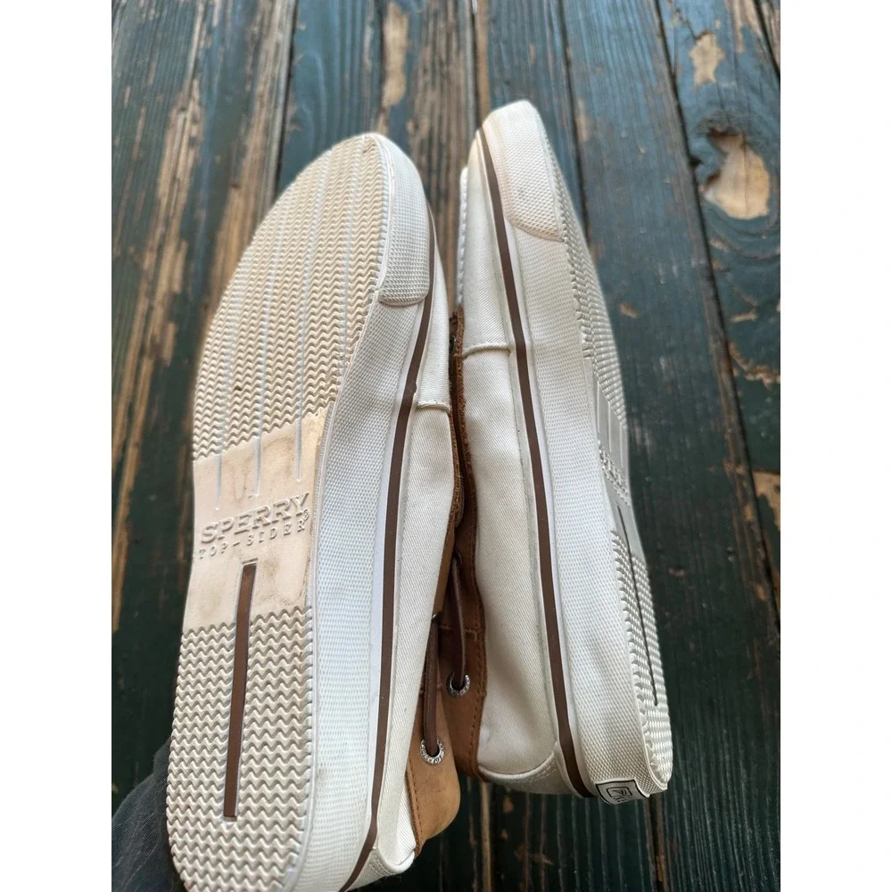 Sperry Top-Sider Mens 12M Boat Shoes White Canvas Tan Leather 0687004 Loafers